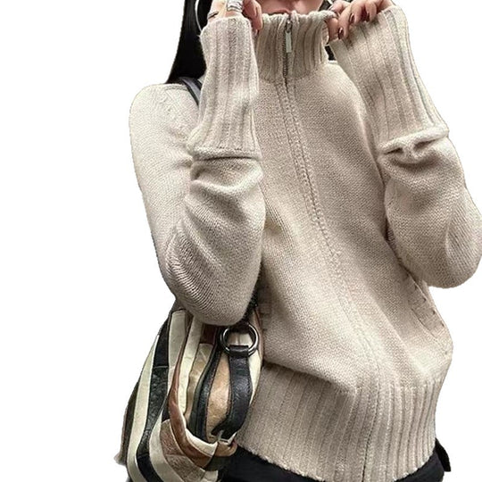 Damen Strickpullover mit hohem Stehkragen und Rippstruktur EB