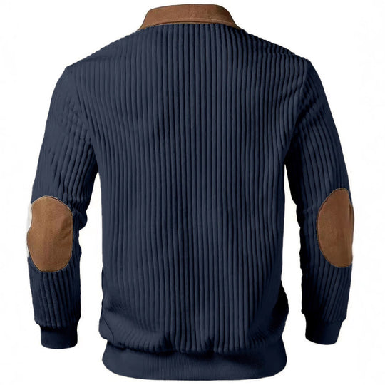 Herren nan gerippter Halbzip-Pullover mit kontrastierenden Lederapplikationen an Schultern und Ellenbogen EB