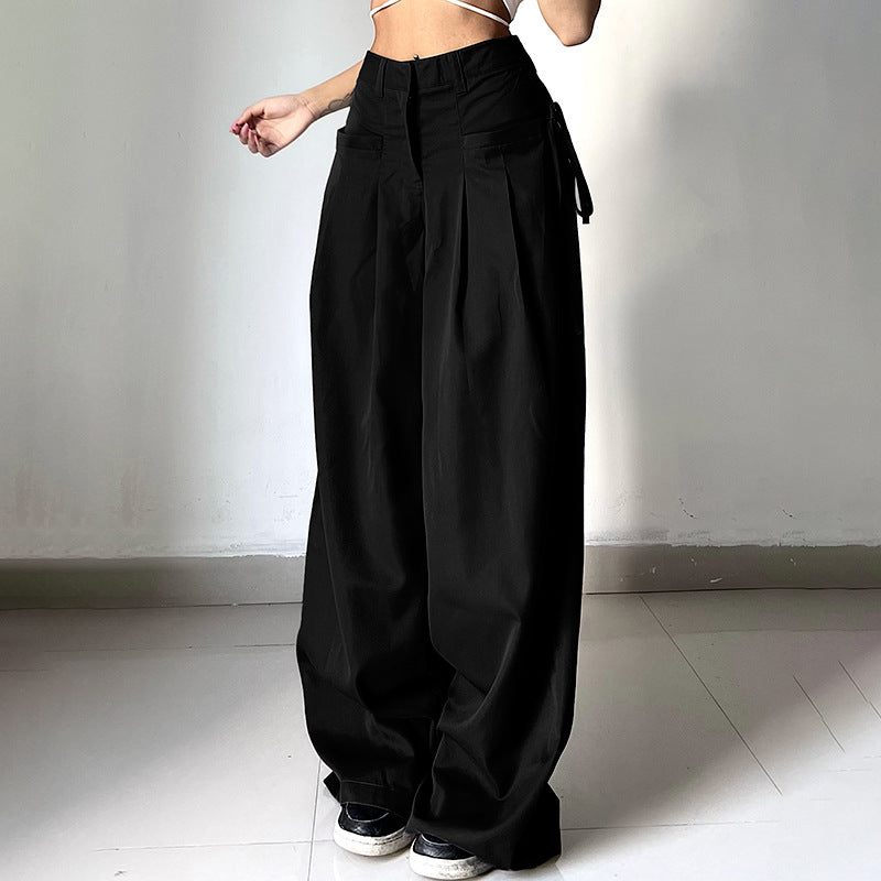 Damen nan hochtaillierte weite Bundfaltenhose mit Cargo‑Details, Gürtelschlaufen und geradem Beinschnitt EB