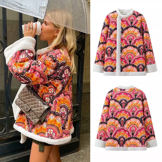 Damen modische Steppjacke mit farbenfrohem Muster und flauschigem Futter EB