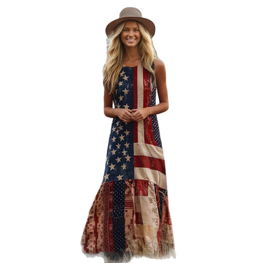 Damen Ethno-Inspirierte Maxikleid mit Flaggenmuster und Rüschensaum EB