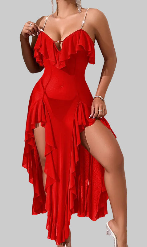 Damen Maxi-Kleid mit voluminösen Rüschendetails und seitlichem Schlitz EB