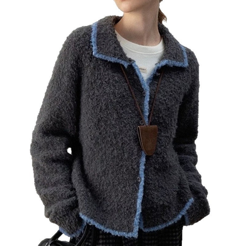 Damen kuscheliger Strickcardigan mit Kontrastdetails und kragen EB