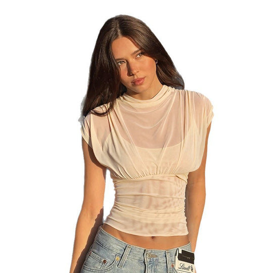 Damen elegantes Oberteil mit modischen Raffungen und transparentem Stoff EB