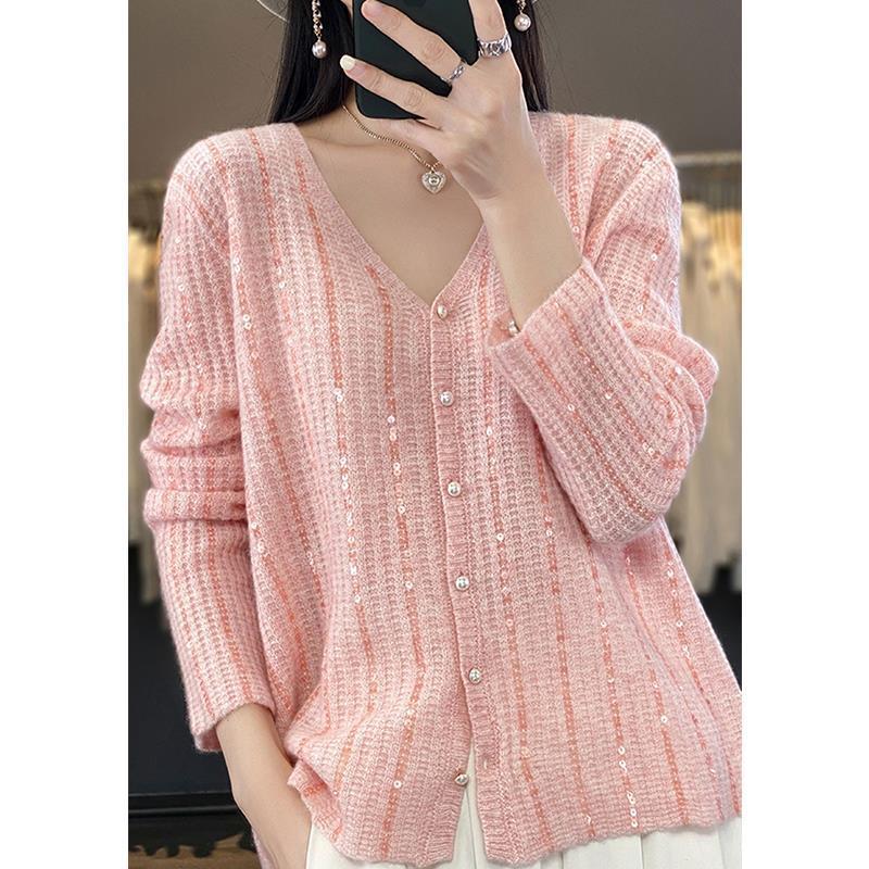Damen Knopfverschluss Pailletten Cardigan Pullover EB