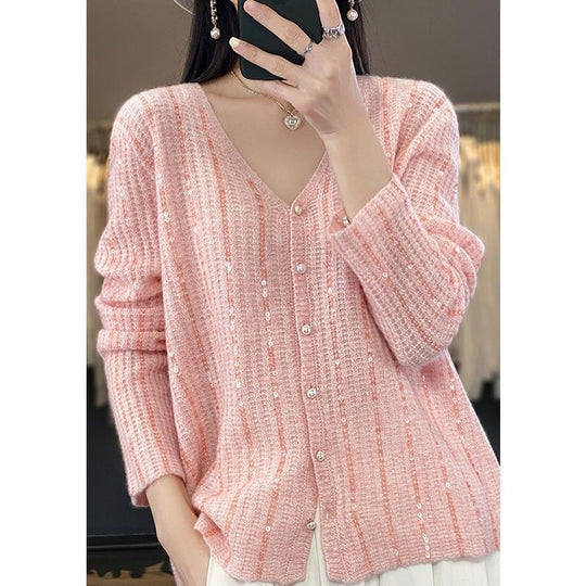 Damen Knopfverschluss Pailletten Cardigan Pullover EB