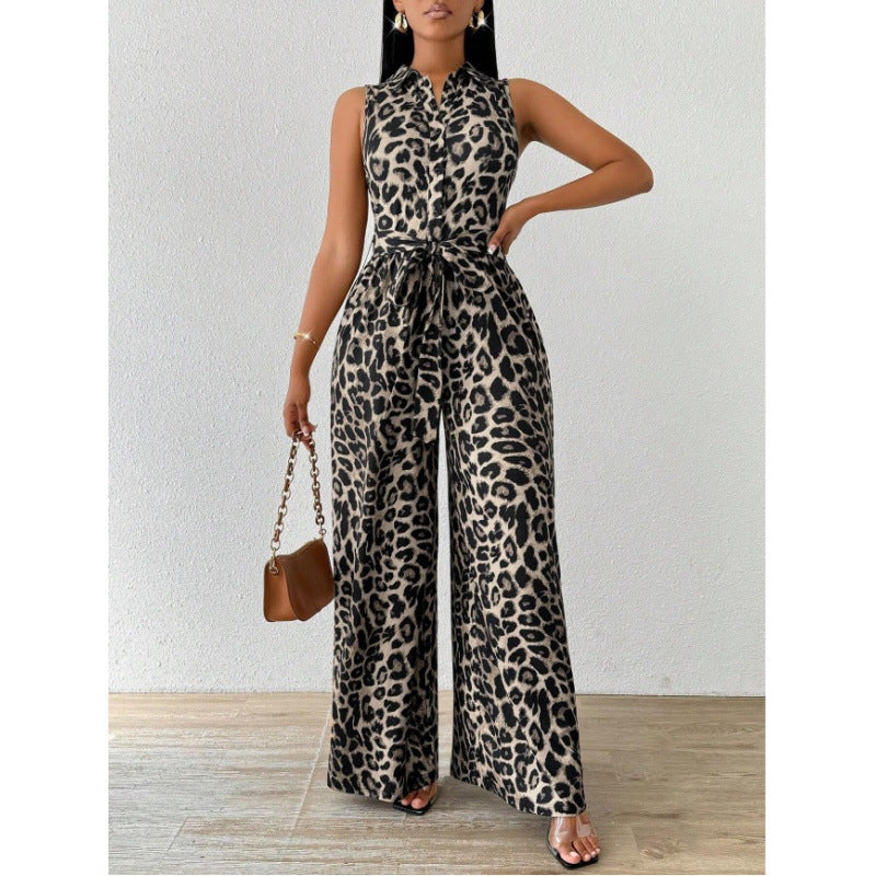 Damen Jumpsuit mit Leopardenmuster und Taillengürtel EB