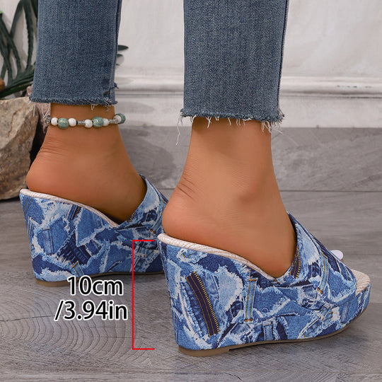 Damen Wedge-Sandalen mit Denim-Obermaterial und atmungsaktiver Sohle EB