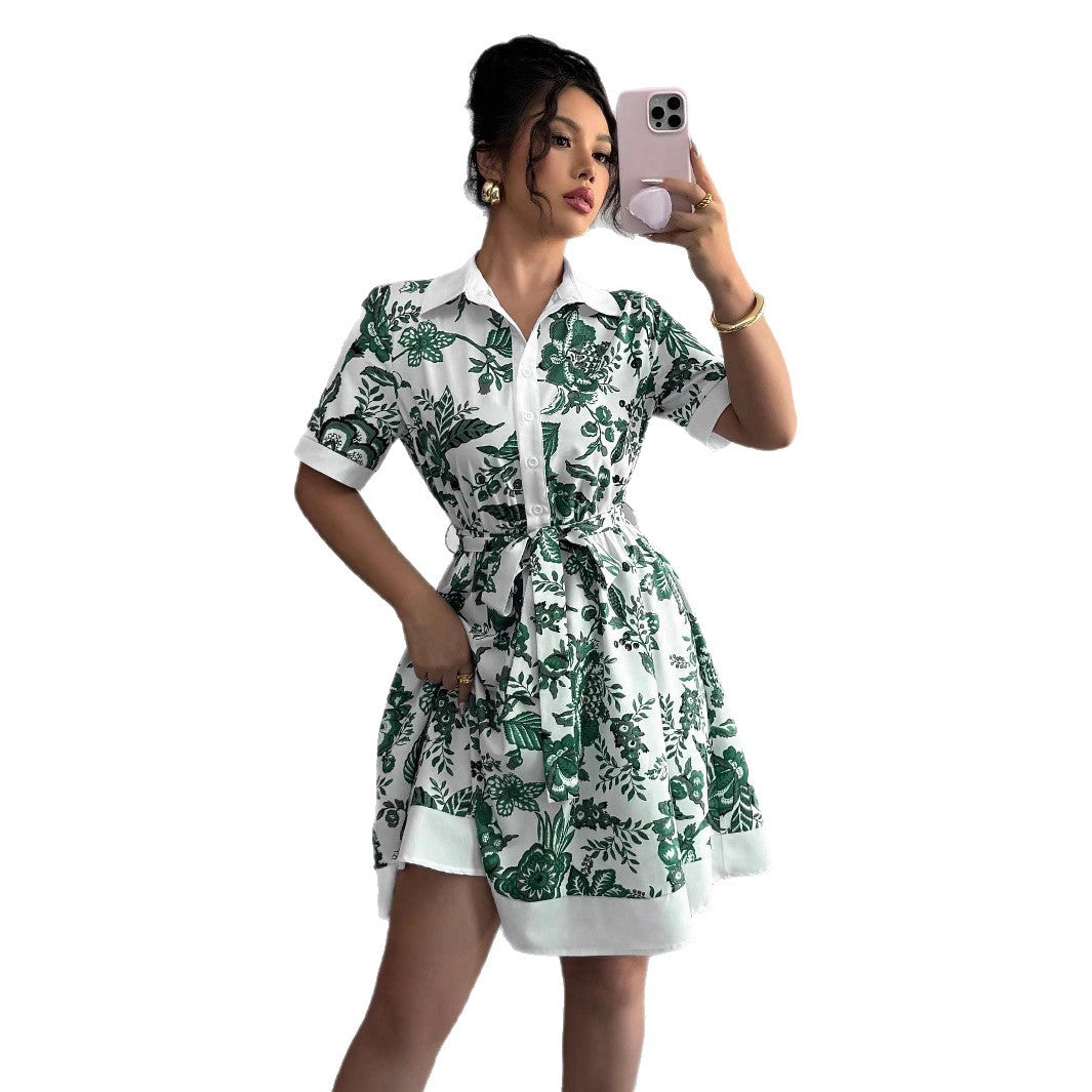 Damen Hemdblusenkleid mit floralen Mustern und Taillengürtel EB