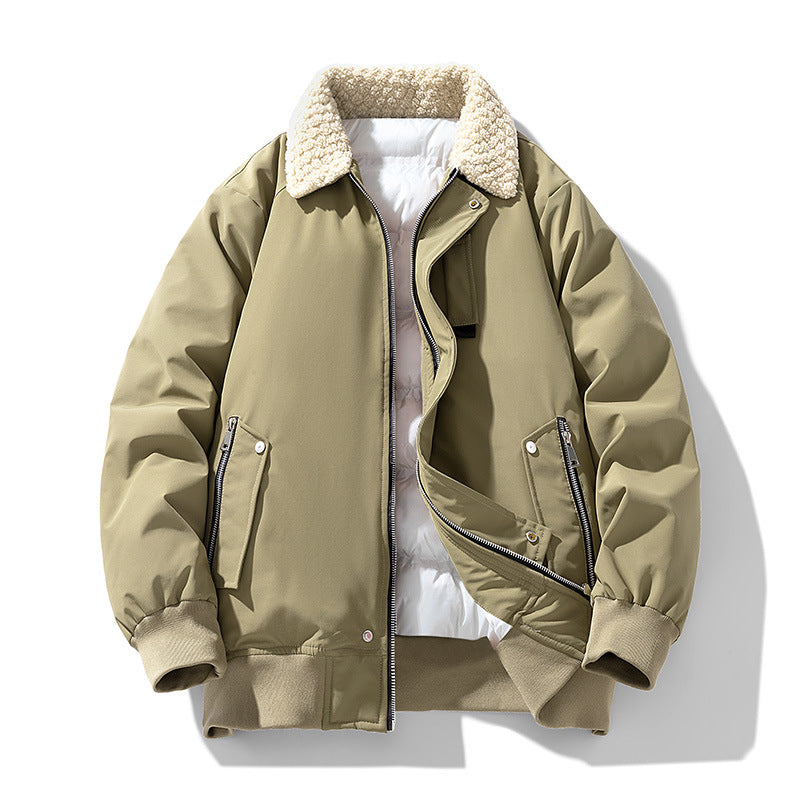 Men's  premium sherpa-collar insulated aviator bomber with storm flap and zippered angled pockets EB