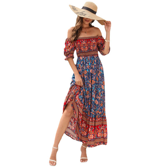 Damen Maxi-Kleid mit schulterfreier Passform und floralen Mustern EB