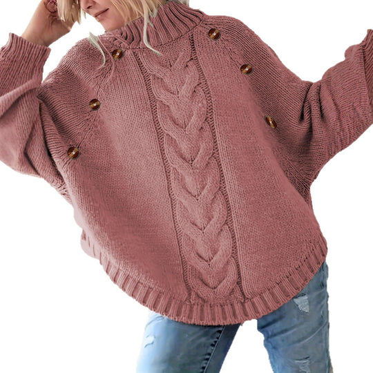 Damen Grobstrickpullover mit hochgeschlossenem Kragen und dekorativen Knöpfen EB