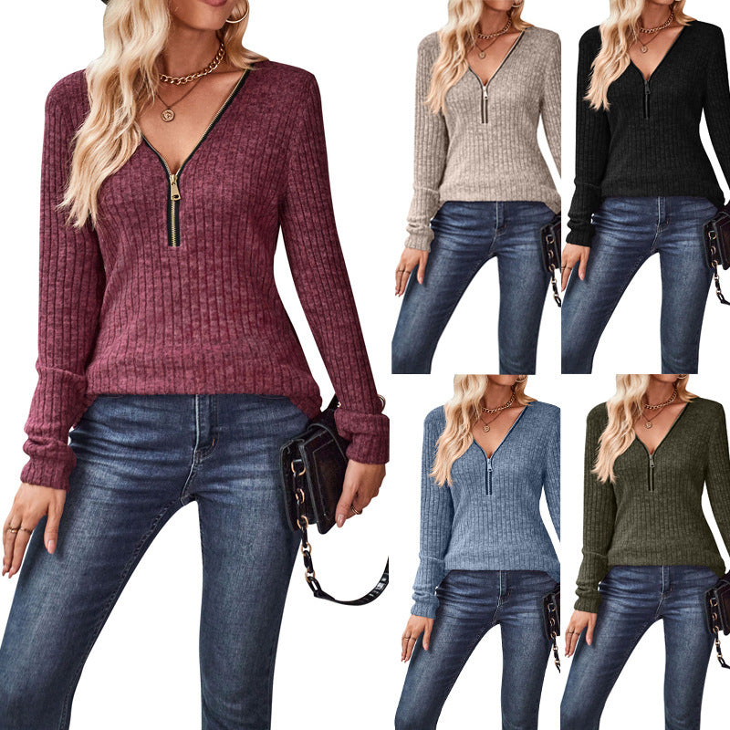 Damen Modischer Pullover mit teilbarem Reißverschluss und Rippstrick-Muster EB