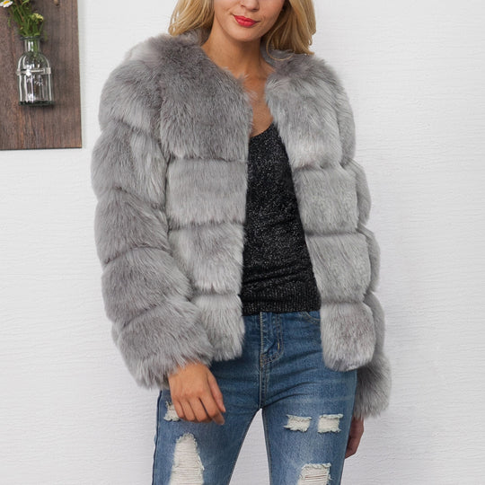 Damen Flauschige Kunstpelzjacke mit voluminösen Ärmeln und elegantem Schnitt EB