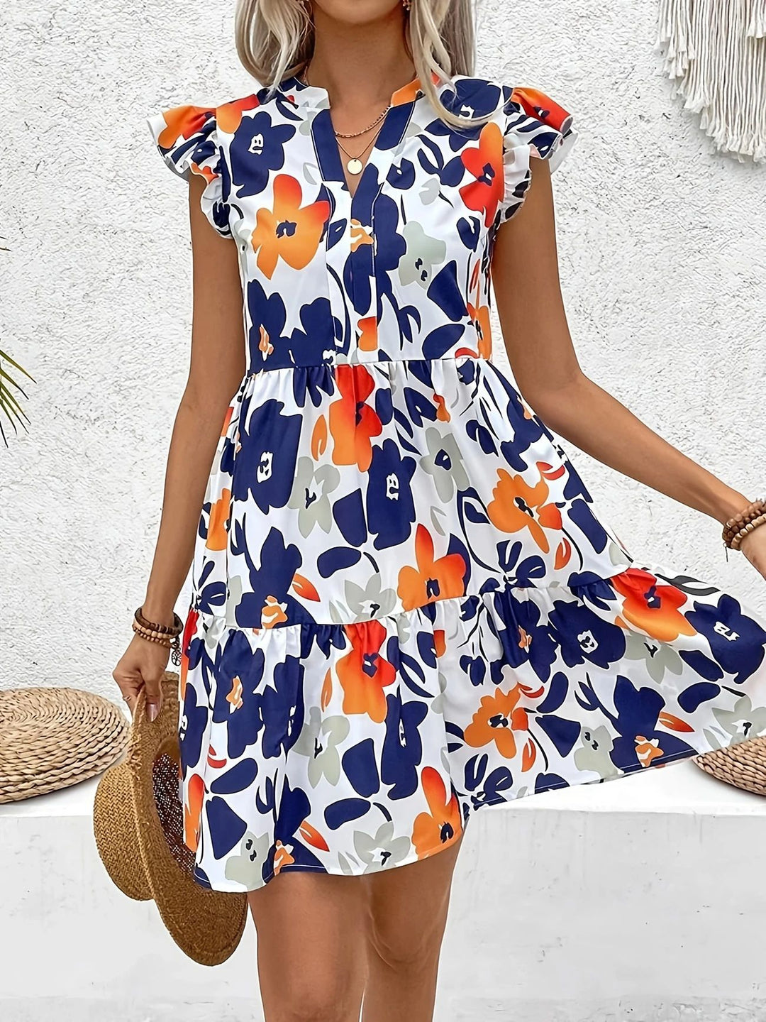 Damen Blusenkleid mit floralem Design und Rüschendetails EB