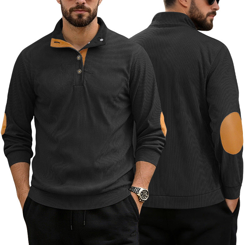 Herren nan lässiger Strukturpullover mit Polokragen, kurzer Knopfleiste und veganen Lederbesätzen EB