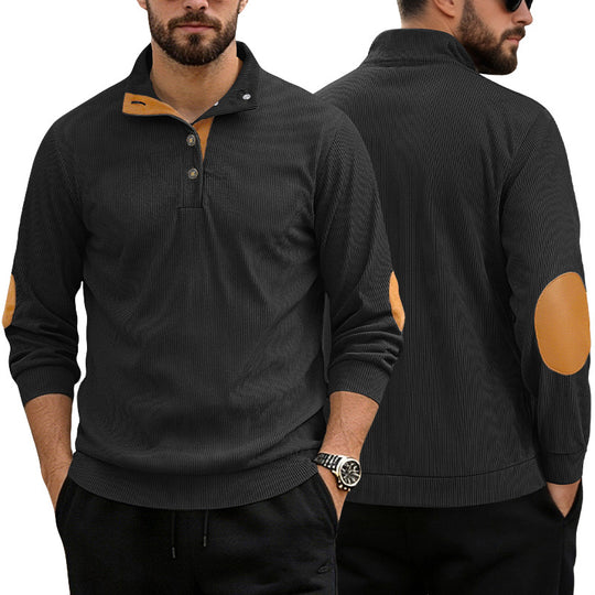 Herren nan lässiger Strukturpullover mit Polokragen, kurzer Knopfleiste und veganen Lederbesätzen EB
