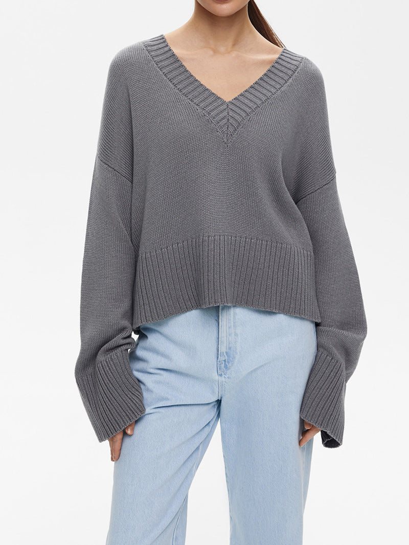 Damen Strickpullover mit tiefem V-Ausschnitt und lässigem Schnitt EB