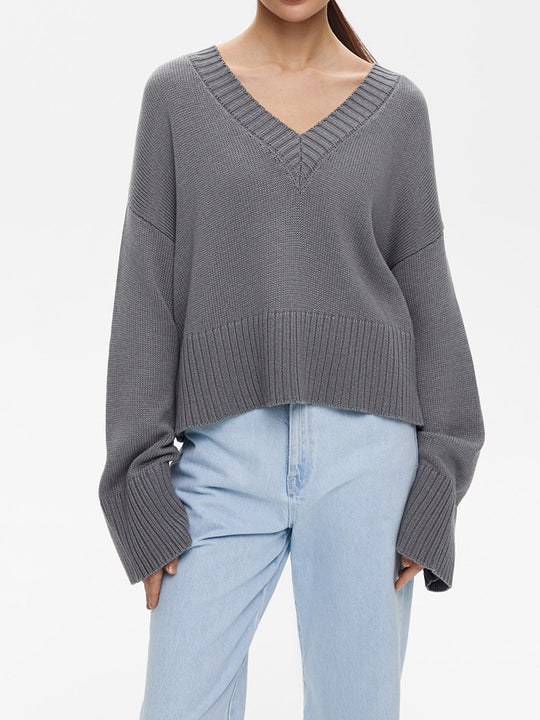 Damen Strickpullover mit tiefem V-Ausschnitt und lässigem Schnitt EB