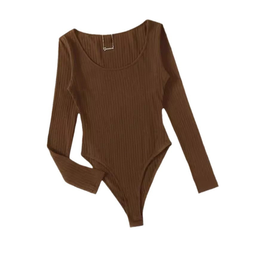 Damen Langarm Bodysuit mit Rippstruktur und tiefem U-Bootausschnitt EB