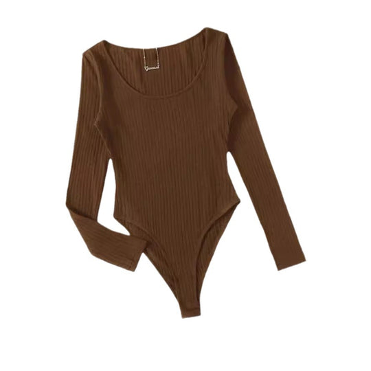 Damen Langarm Bodysuit mit Rippstruktur und tiefem U-Bootausschnitt EB