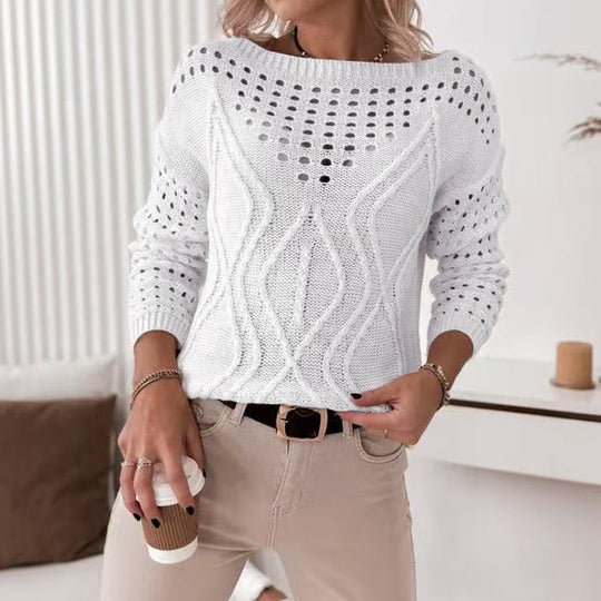 Damen Strickpullover mit luftigen Lochmustern und zartem Zopfdesign EB