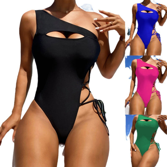 Damen Einteiler Badeanzug mit asymmetrischem Design und raffinierten Kordeldetails EB