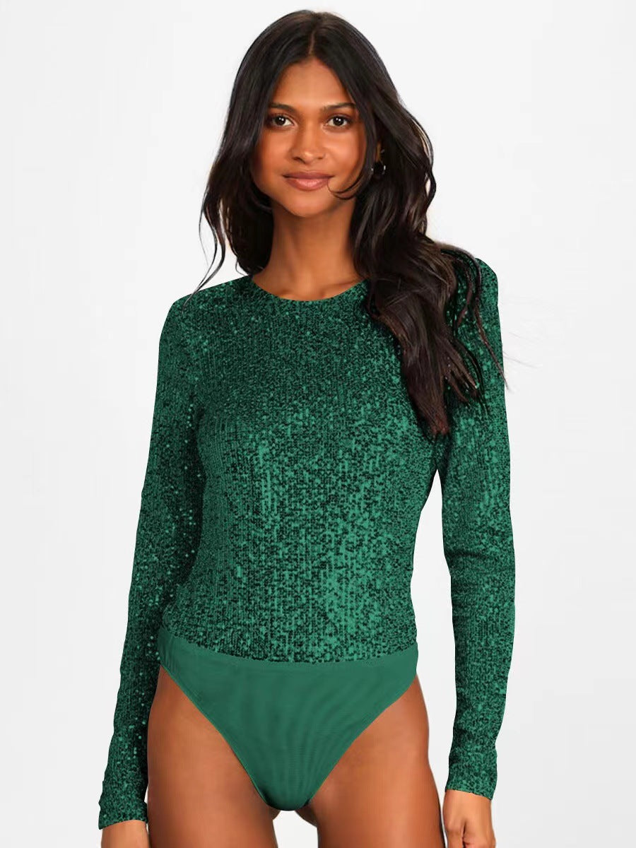 Damen Funktionsreicher Pailletten-Bodysuit mit langem Arm EB