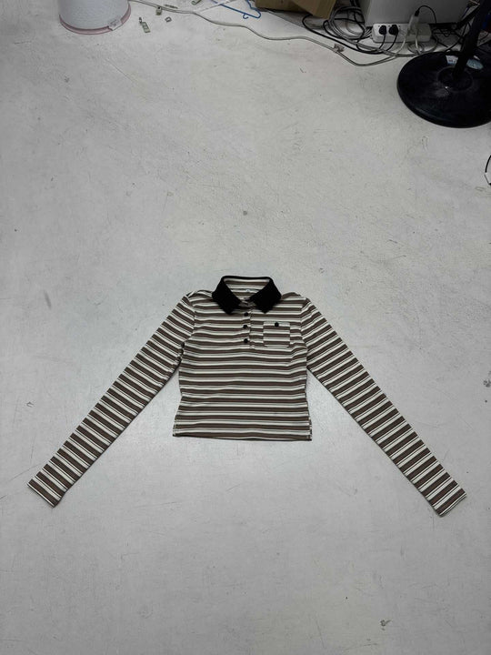 Damen nan gestreiftes Polo-Crop-Longsleeve mit kontrastkragen und Brusttasche EB