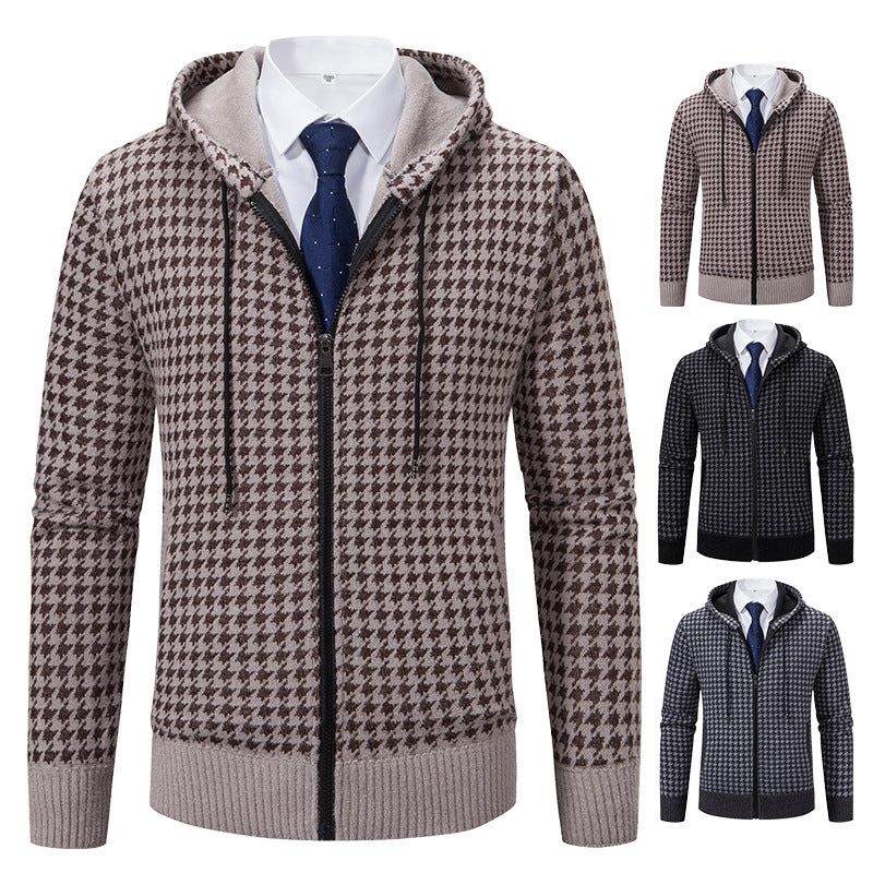 Herren gemütlicher Strickpullover mit modernem Karomuster und Kapuze EB
