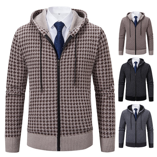 Herren gemütlicher Strickpullover mit modernem Karomuster und Kapuze EB