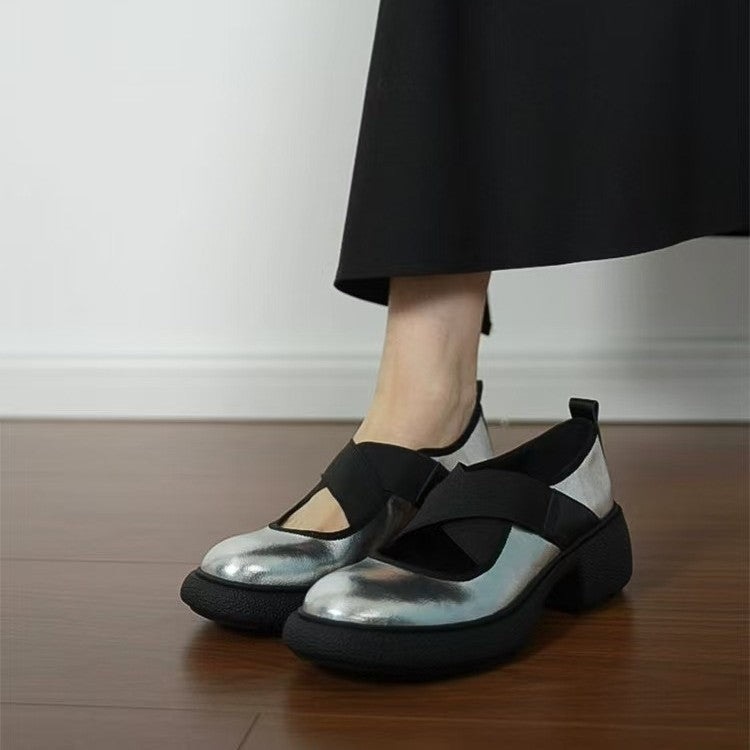 Damen Ballerina mit elastischen Kreuzriemen und modischem Blockabsatz EB