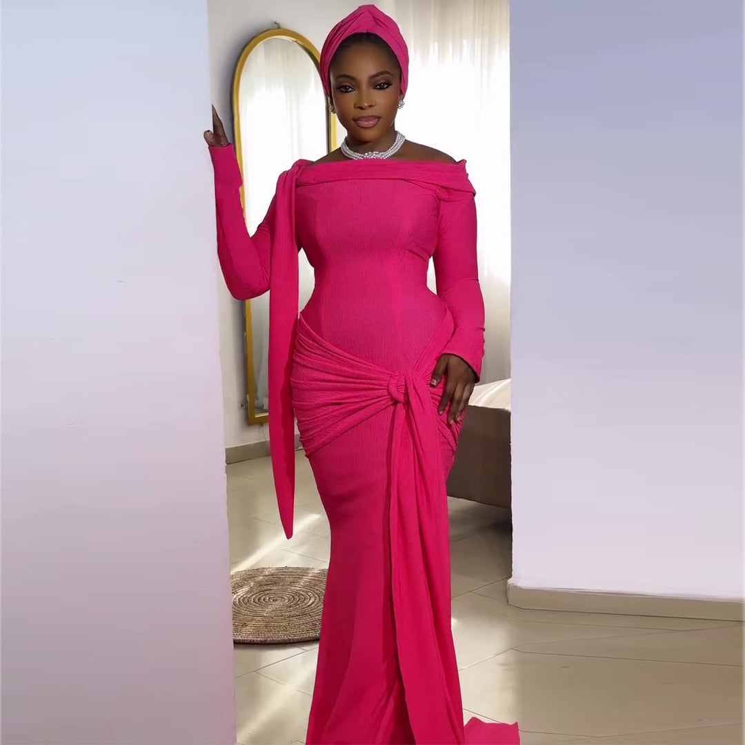 Damen Elegantes Langarmkleid mit asymmetrischem Drapé und Schleifenakzent EB