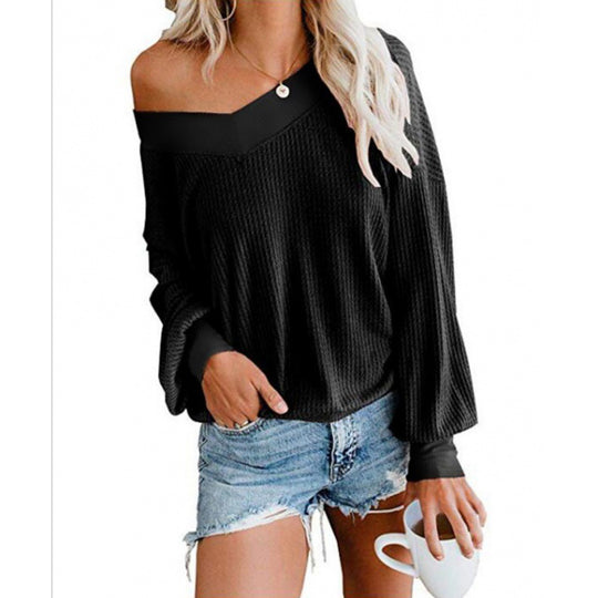 Damen Off‑Shoulder Waffelstrickpullover mit weitem Arm und elastischen Bündchen EB