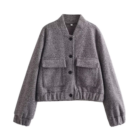 Damen lässige cropped Jacke mit großen aufgesetzten Taschen und elastischen Bündchen EB