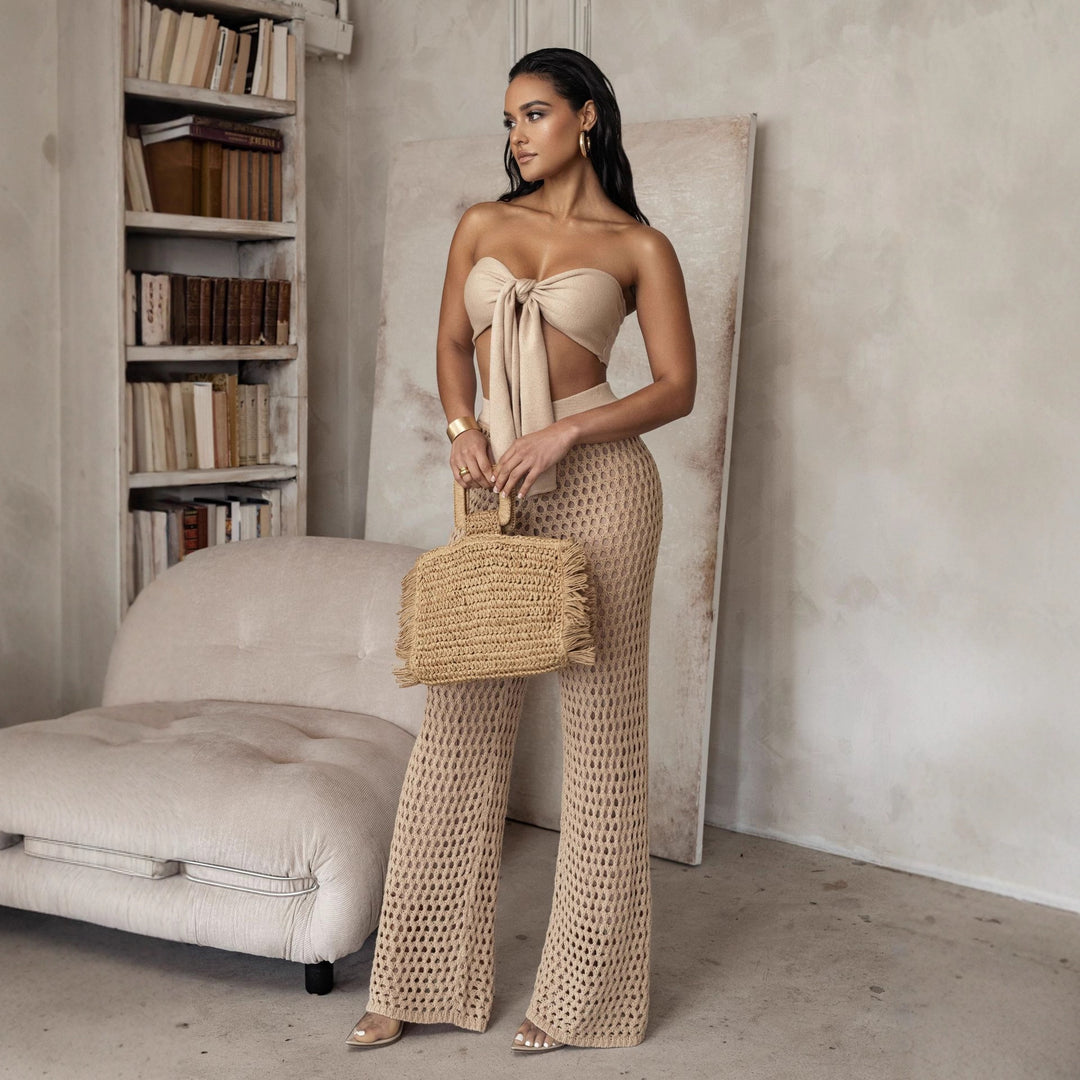 Damen Set aus gehäkeltem Oberteil und weitem Palazzo-Hosen EB