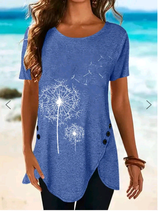 Damen Kurzarmshirt mit asymmetrischem Saum und Dandelion-Print EB