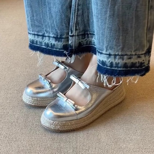 Damen komfortable Espadrilles-Pantoletten mit Schleifen-Applikation EB