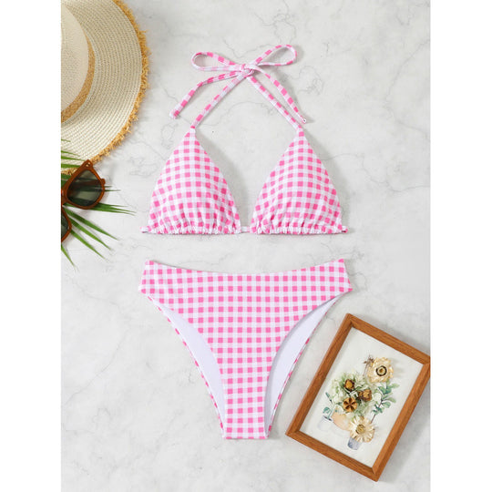 Damen Triangel-Bikini mit floralem Oberteil und Karomuster EB
