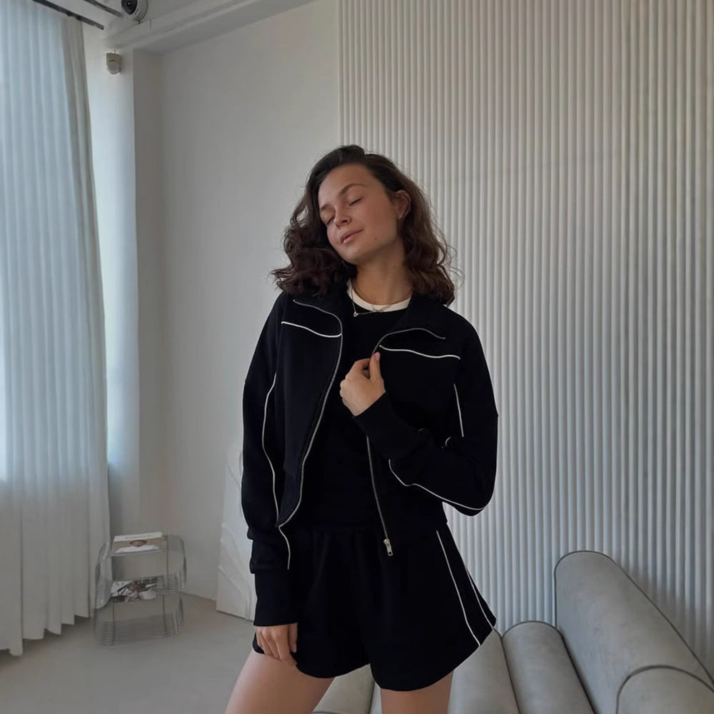 Damen nan athletischer Zweiteiler mit formendem Sportbustier, taillierter Highwaist-Sweatshorts und Zip-Hoodie EB