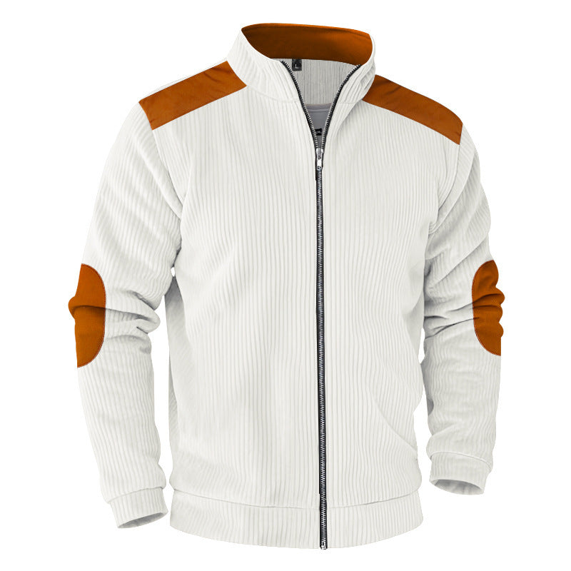 Herren nan gerippte Stehkragen-Sweatjacke mit durchgehendem Reißverschluss, Schulter- und Ellbogen-Patches EB