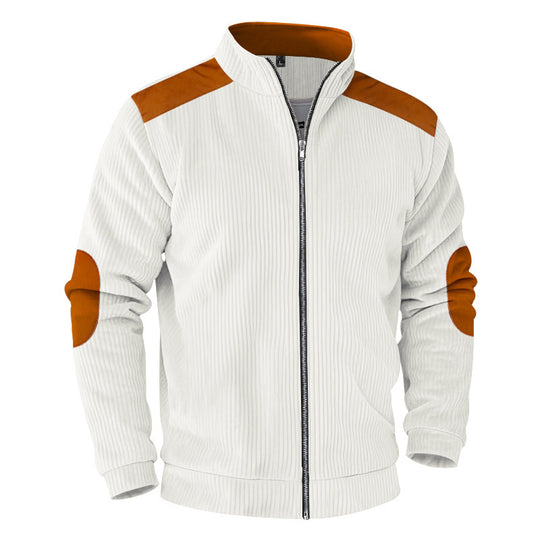 Herren nan gerippte Stehkragen-Sweatjacke mit durchgehendem Reißverschluss, Schulter- und Ellbogen-Patches EB