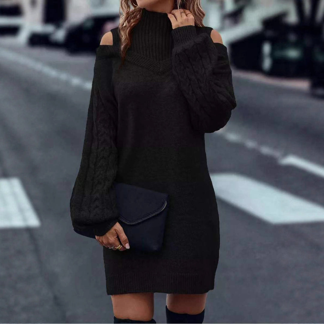 Damen Strickkleid mit geöffneten Schultern und strukturiertem Stehkragen EB