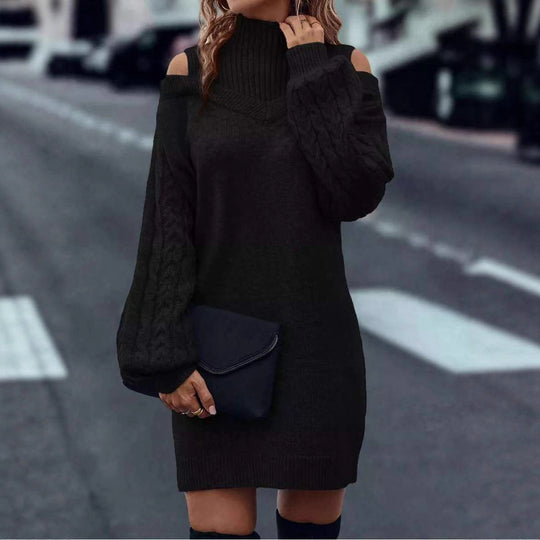 Damen Strickkleid mit geöffneten Schultern und strukturiertem Stehkragen EB