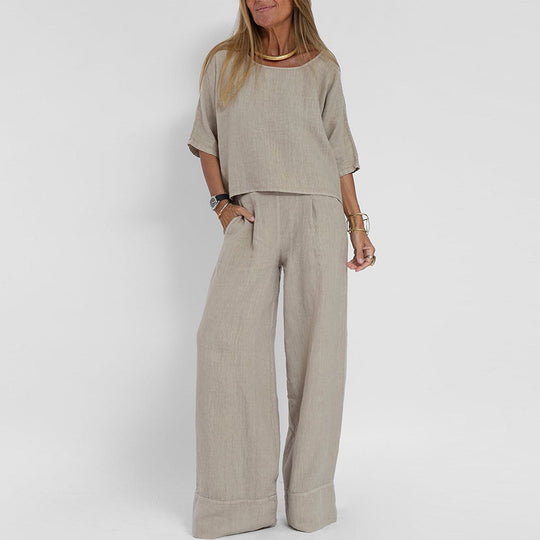 Damen luftiges Leinen-Ensemble mit weitem Schnitt und praktischen Taschen EB