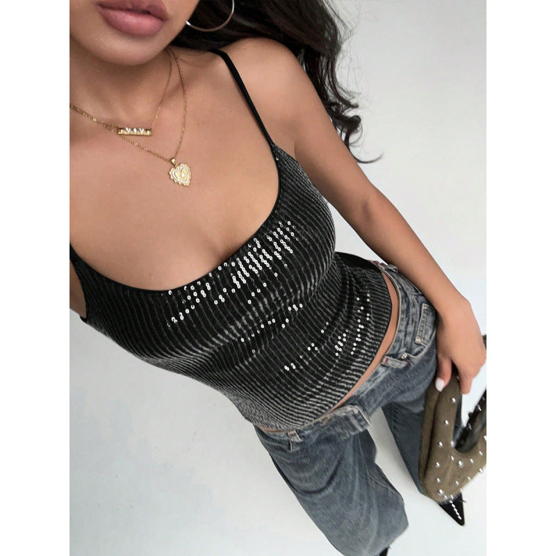 Damen Elegantes Spaghetti-Träger-Top mit Pailletten und figurbetontem Schnitt EB