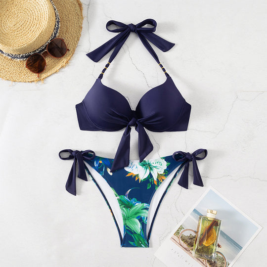 Damen Bikini-Set mit modischen Bindebändern und floralem Design EB