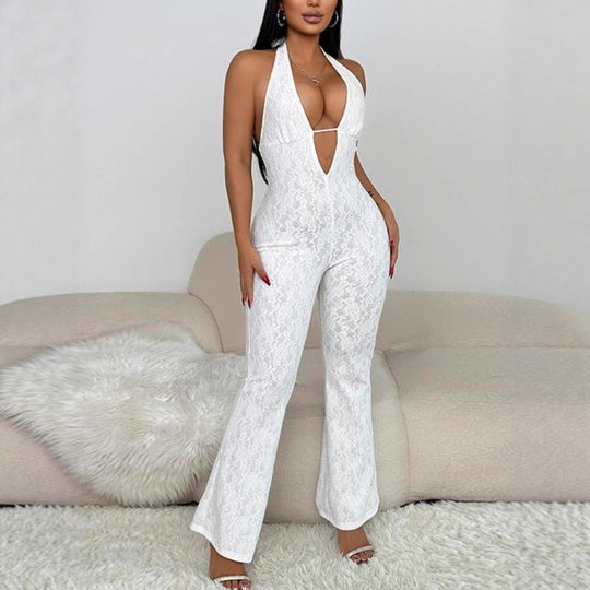 Damen eleganter Jumpsuit mit tiefem V-Ausschnitt und Spitzendetails EB