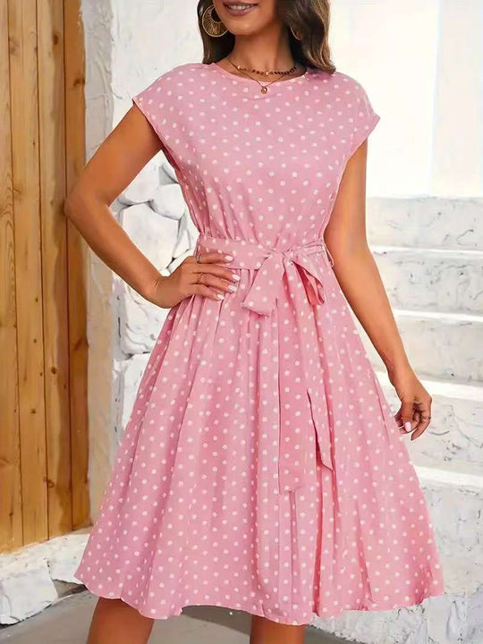 Damen Midikleid mit taillierendem Bindegürtel und verspieltem Polka-Dots Design EB