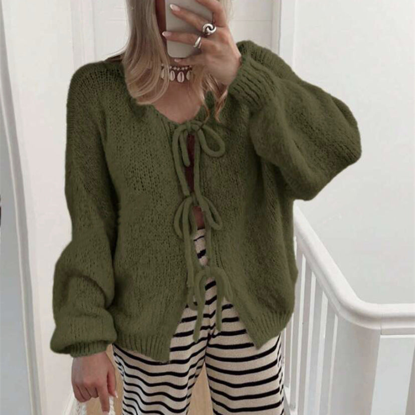 Damen Grobgestrickter Offener Cardigan mit Bindebändern, Oversize‑Silhouette und Raglanärmeln EB